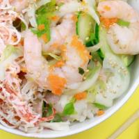 Citrus Shrimp · Wild Shrimp, sweet onion, scallions, cucumber, crab salad, masago, and with passion fruit sa...