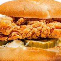 Crispy Tender Sandwich (Halal) · With Mayo, lettuce and pickle on bun. Include 1 side and 1 can soda