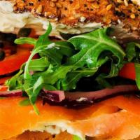 Lox Bagel · Nova Lox, Cream Cheese, Capers, Lettuce, Tomato, Red Onion and Mixed Greens on a choice of t...