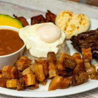 Bandeja Paisa Especial · Beef steak, white rice, beans, sweet plantains and arepa with egg and pork rinds