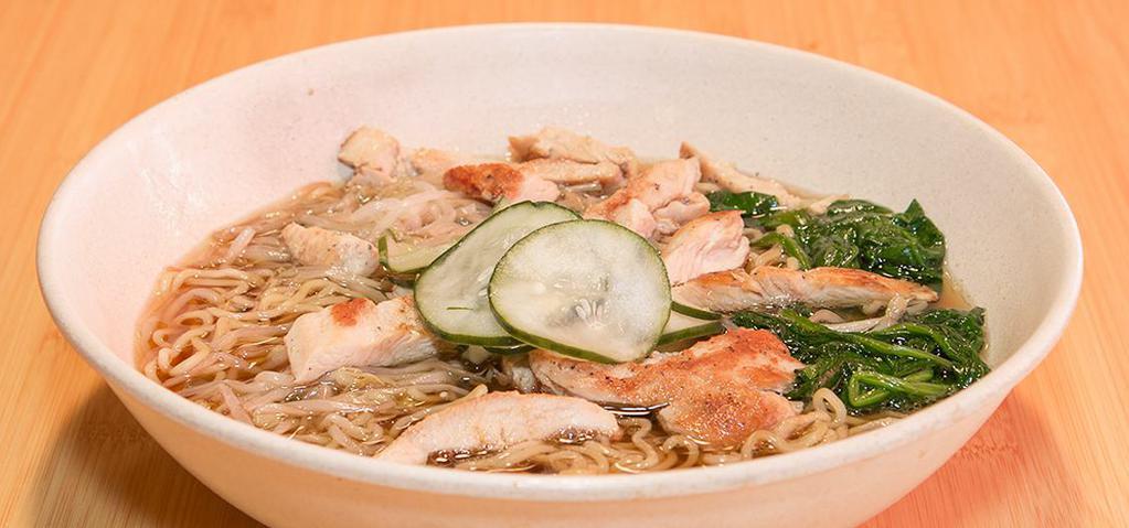 Ramen Soup · Ramen, greens, bamboo shoots and choice of protein in soy chicken broth.