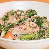 Garden Bowl · Two seasonal veggies and choice of protein tossed in kale salad mix. Served with honey lime ...