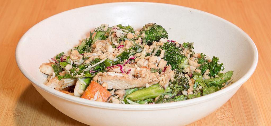 Garden Bowl · Two seasonal veggies and choice of protein tossed in kale salad mix. Served with honey lime vinaigrette and garnished with peanuts and cilantro.