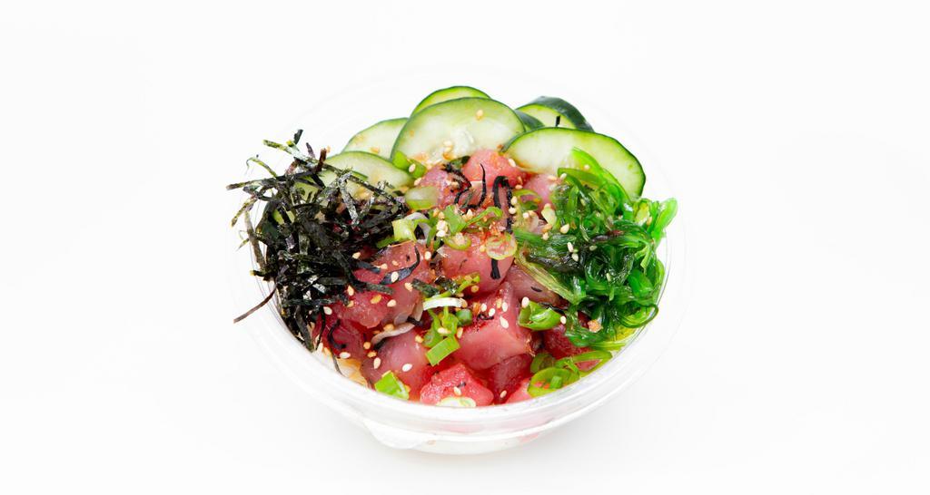 Ahi Tuna · Marinated with onions, hijiki, green onion, scallions, sweet shoyu, and sesame seeds
Toppings: Cucumber, seaweed salad, roasted seaweed, sweet furikake,
Sauce: Sweet Shoyu