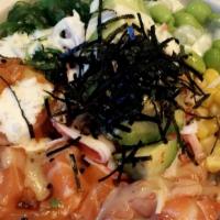 Chili Ponzu Salmon · Marinated with scallions, cilantro, sesame seeds, and chili ponzu
Toppings: Edamame, kani sa...