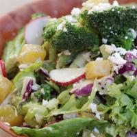 Farm Salad · Mixed greens with five-spiced yellow beets, garlic broccoli, sliced radishes, local feta che...