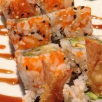 Shrimp Tempura Roll · Shrimp tempura, avocado, and asparagus inside or outside with masago and sesame seeds