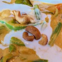 Panang Curry · Served with jasmine rice. Panang curry paste, coconut milk, bell pepper, green bean, and kaf...