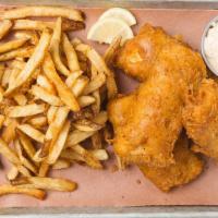 Beer-Battered Fish & Chips · Fresh white Pollock rolled in our house-made beer batter, fried and served with hand-cut fri...