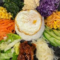 Bibimbap Topped With Chicken · Steamed white rice topped with seasonal veggies and korean chili paste with chicken topping