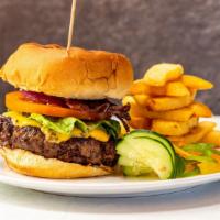 Classic Burger · Delicious soz burger, topped with American cheese, bacon, lettuce, tomato, red onions, and b...