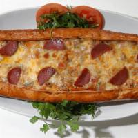 All Meat Pide · Our cheese pide topped with sucuk, pastirma and gyro meat.