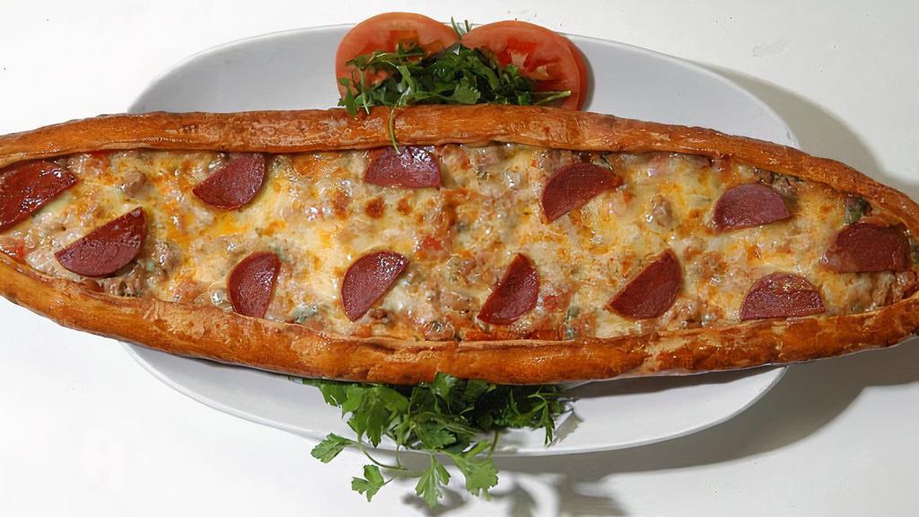 All Meat Pide · Our cheese pide topped with sucuk, pastirma and gyro meat.
