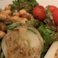 Greek Salad  · Romaine lettuce, feta cheese, kalamata olives, cucumbers, chickpeas, pepperoncini, grape tom...