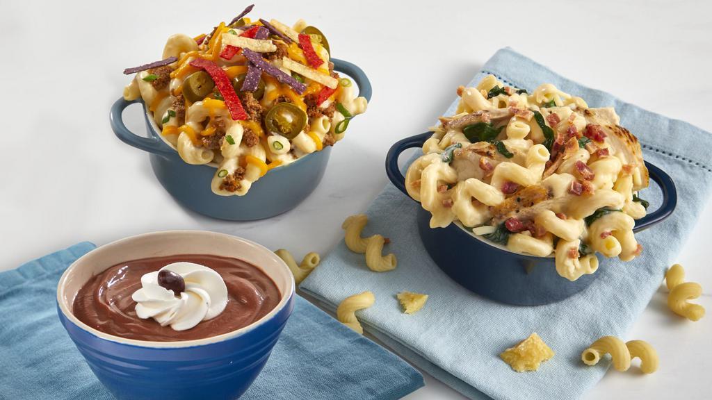 Cheese Heaven Combo · Two mac & cheese of your choice and one dessert.