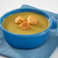Roasted Poblano-Asiago Soup · A smooth soup with oven roasted poblano peppers, tomatillos, cilantro, and spinach.