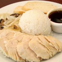 Teriyaki Chicken Rice · Thinly sliced chicken breast with sauteed mushroom and onions, teriyaki sauce on side.
