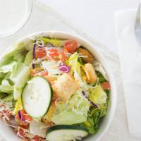 House · Salad greens topped with tomatoes, sliced red onions, croutons and sliced cucumbers. Served ...