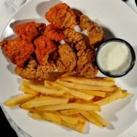 Boneless Wing Platter · Made fresh with our seasoned four, and then tossed in your favorite wing sauce. Served with ...