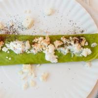 Spinach Crepe With Feta · Filled with feta and Greek yoghurt mix. salt , pepper and Hungarian paprika topping.