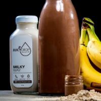 Paradise Earth · Cacao, cinnamon, raw almond butter, banana, organic brown rice protein, milky way.