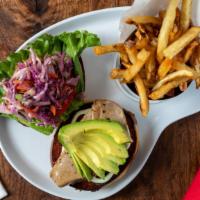 Ahi Tuna · Sushi-grade tuna burger, Asian slaw, avocado, wasabi ginger-lime spread.