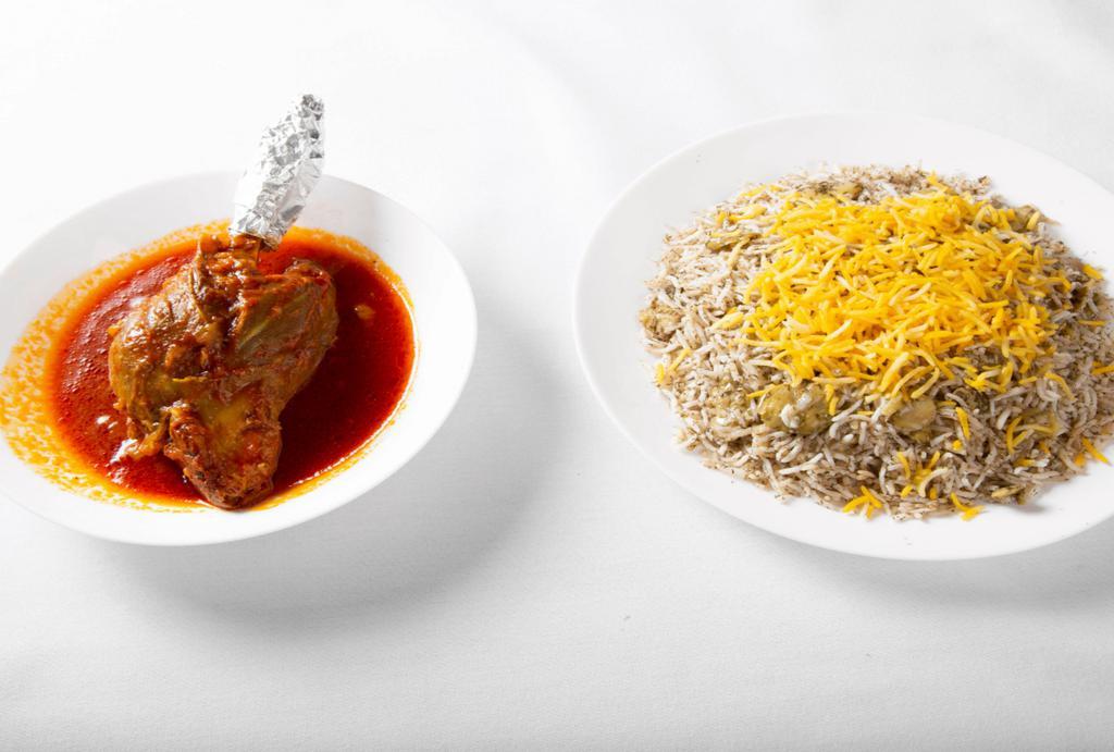 Lamb Shank With Rice · Seasoned slow boiled lamb served with baghali polo or steamed white rice.