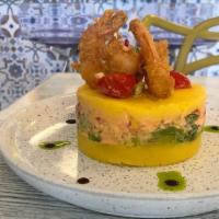 La Causa · Tuna Tartar, crispy fried shrimp, aji amarillo poatao layer, avocado, cherry tomato and roco...