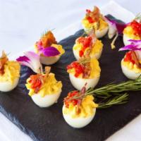 Deviled Eggs · Organic eggs/sweet pickle relish/dijon mustard/smoked paprika/mayonnaise/vermont candied bac...