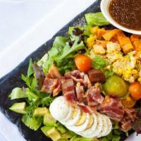 Farmers Cobb Salad · Mixed greens/roasted sweet potato/grilled corn/heirloom grape tomato/maple bacon/organic egg...