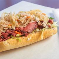 The Super Dave (Regular) · Pastrami, 100% corned beef, mayo, lettuce mustard, tomato, topped with a generous portion of...
