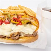 Philly With Fries And Drink · 1/2lb lean steak or chicken and onion, bell pepper, mushroom, and mayo with melted white che...
