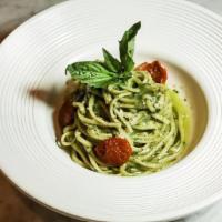 Genovese Pasta · italian basil pesto, parmigiano reggiano DOP, semi dry tomatoes, basil, EVO