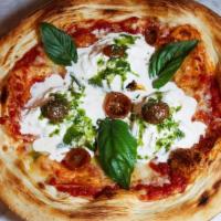 Margherita Di Burrata Pizza · italian tomato sauce, mozzarella, stracciatella cheese, fresh basil, italian basil pesto, EVO