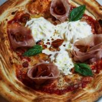 Prosciutto E Burrata Pizza · italian tomato sauce, mozzarella, stracciatella cheese, semi dry tomatos, fresh basil, prosc...