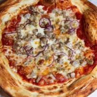 Salsiccia Pizza · italian tomato sauce, mozzarella, provolone, fresh basil, onion, sausage, oregano, EVo