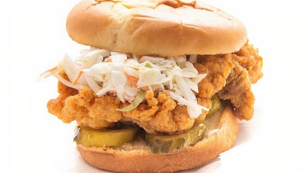Signature Chicken Samwich · Our Signature Jumbo Chicken Thigh Samwich served on a Split Top Brioche Bun.  Try it signature style with Coleslaw and our Sweet sauce or choose BBQ, Honey Mustard, Spicy Po or Mild Po sauce on the side.