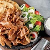 Gyro Beef/Lamb Platter · Served with Greek salad, pita bread, side of tzatziki, Greek dressing and your choice of bas...