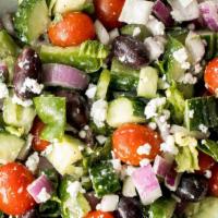 Greek Salad · Vegetarian. Romaine salad, tomatoes, onions, cucumbers, feta cheese, kalamata olives, dolmad...