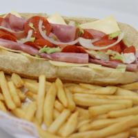 Italian Combo Sub · Ham and pepperoni served with lettuce, tomatoes, onion, American cheese. Mayonnaise or Itali...