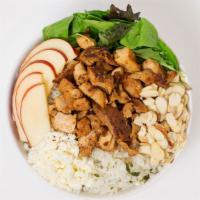 Gorgonzola Apple Rice Bowl · Sliced apples, slivered almonds, mixed greens, gorgonzola cheese over rice.