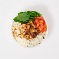 Spinach Sweet Potato Rice Bowl · Spinach, roasted sweet potatoes, sliced almond, and goat cheese over rice.