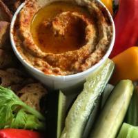 Hummus Plate · Fresh & pickled vegetables, paprika, & olive oil.  (vegan)
