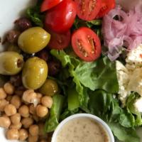 Mediterranean  · romaine, olives, marinated olives, roasted chicken, tomatoes, cucumbers. (gluten-free, veget...