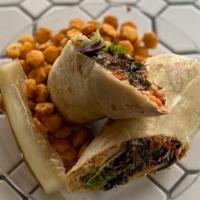 Veggie Wrap · Cucumber, carrots, hummus, pickled onions roasted tomatoes, sweet city micro greens.  (veget...