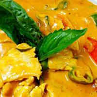 Panang Curry · Spicy. Gluten-free. Panag paste with coconut milk, red bell pepper, jalapeño, lime leaf, and...