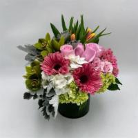 Mom Garden · A bouquet with hydrangeas, pink gerberas, roses, orchids and tulips.