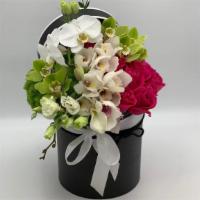 Red Roses In A Box · This is a unique flowers arrangement in a box, arranged with hot pink roses, white and green...
