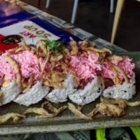 Red Wedding Roll · Spicy. Tuna, avocado, cream cheese, masago, tempura flakes, Mamenori, topped with krab salad...