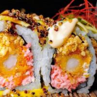 Pop Roll · Shrimp tempura, krab salad, cream cheese, Sriracha, pop rocks, nori, avocado, ají amarillo a...